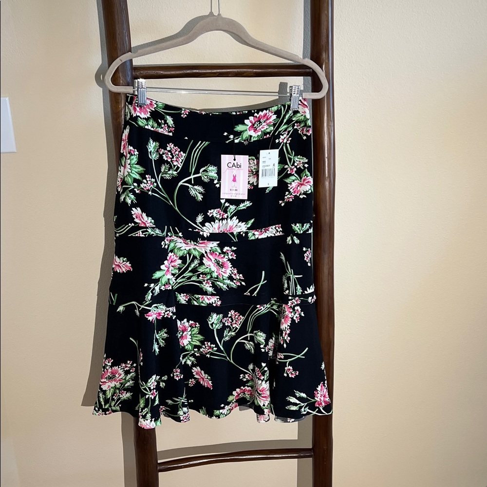 CAbi Black Floral A-Line Skirt with Pink & Green Blossoms